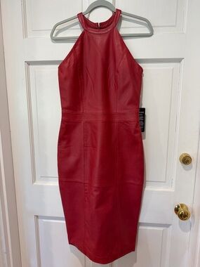 Red Leather Halter Midi Dress